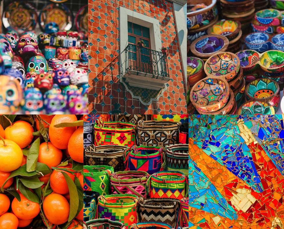 Colorful Mexican crafts, tiles and fruit